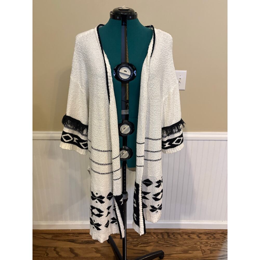 RACHEL‎ ZOE OPEN FRONT BLACK WHITE COTTON BLEND SWEATER BELL SLEEVE PLUS 2X EUC